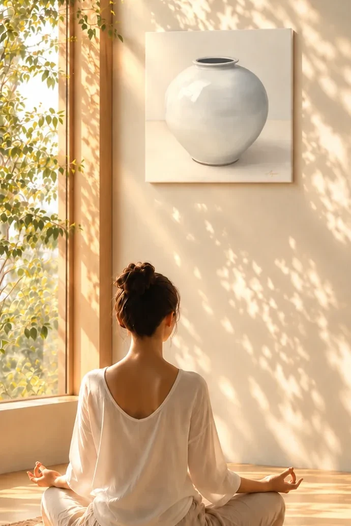 햇살 드는 창가에 앉아 벽에 걸린 White Moon 백자 달항아리 캔버스를 바라보는 사람