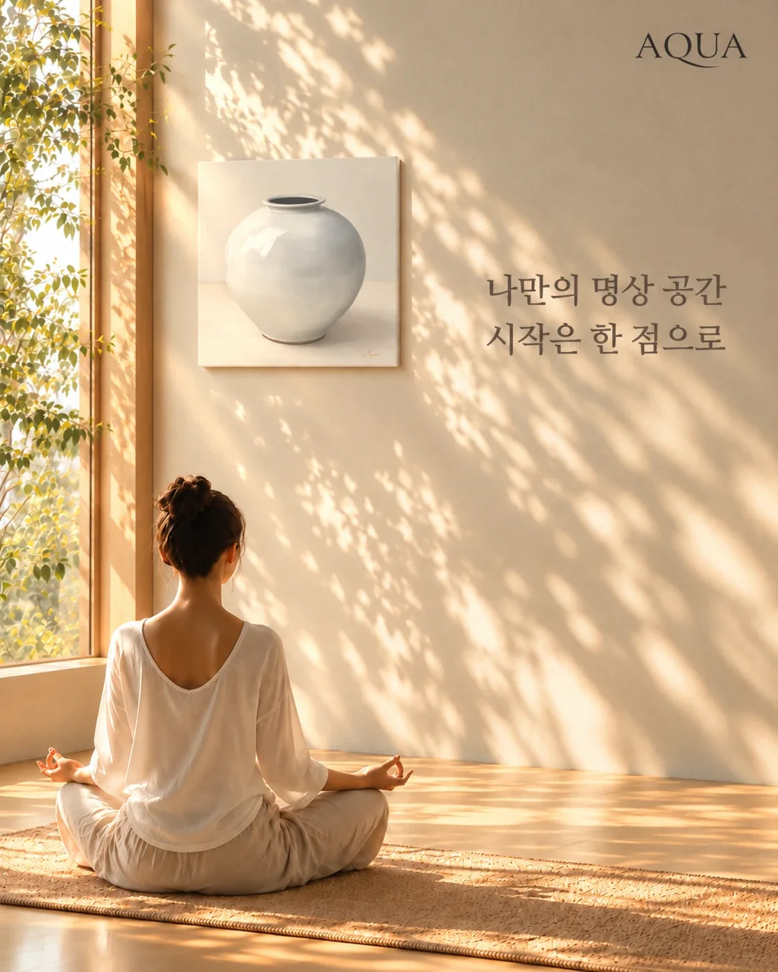 창가 매트 위에 앉아 벽에 걸린 White Moon 캔버스를 바라보며 명상하는 사람