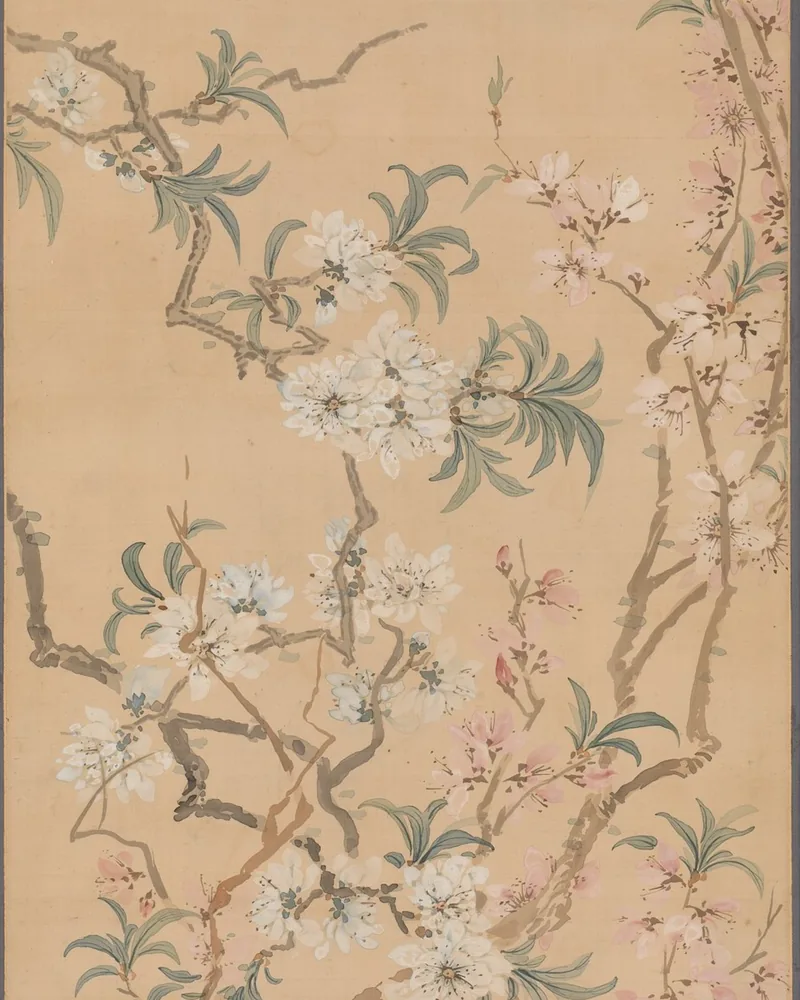 츠바키 진잔의 홍백 복숭아꽃 그림 부분